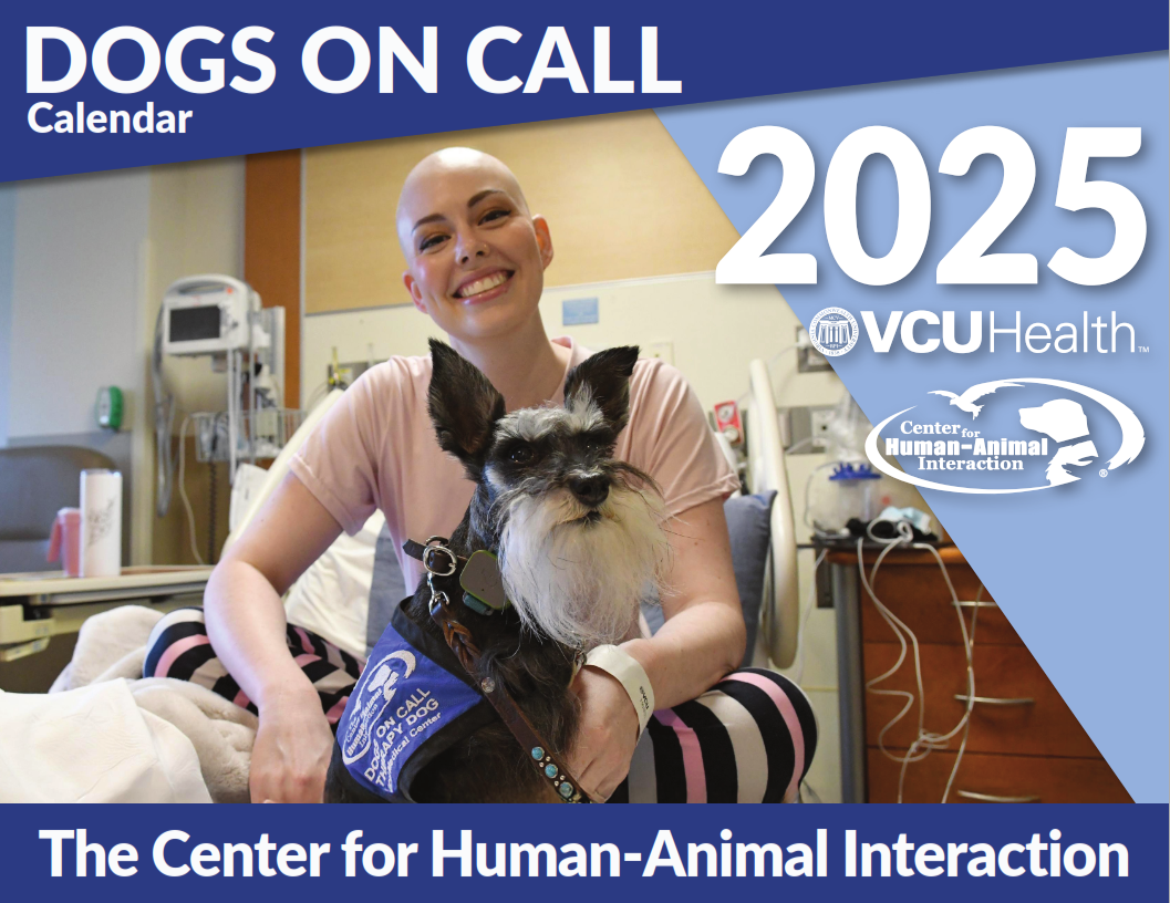 2025 Dogs on Call calendar cover featuring a lady petting a dog, the text 2025, DOGS ON CALL, and the VCU CHAI and VCUHealth logos